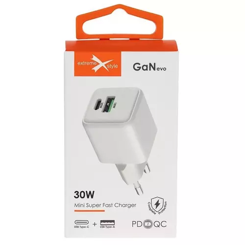 USB Plug-In Charger eXtremestyle sieciowa GaN evo 30W USB-C+USB TC25CUGAN